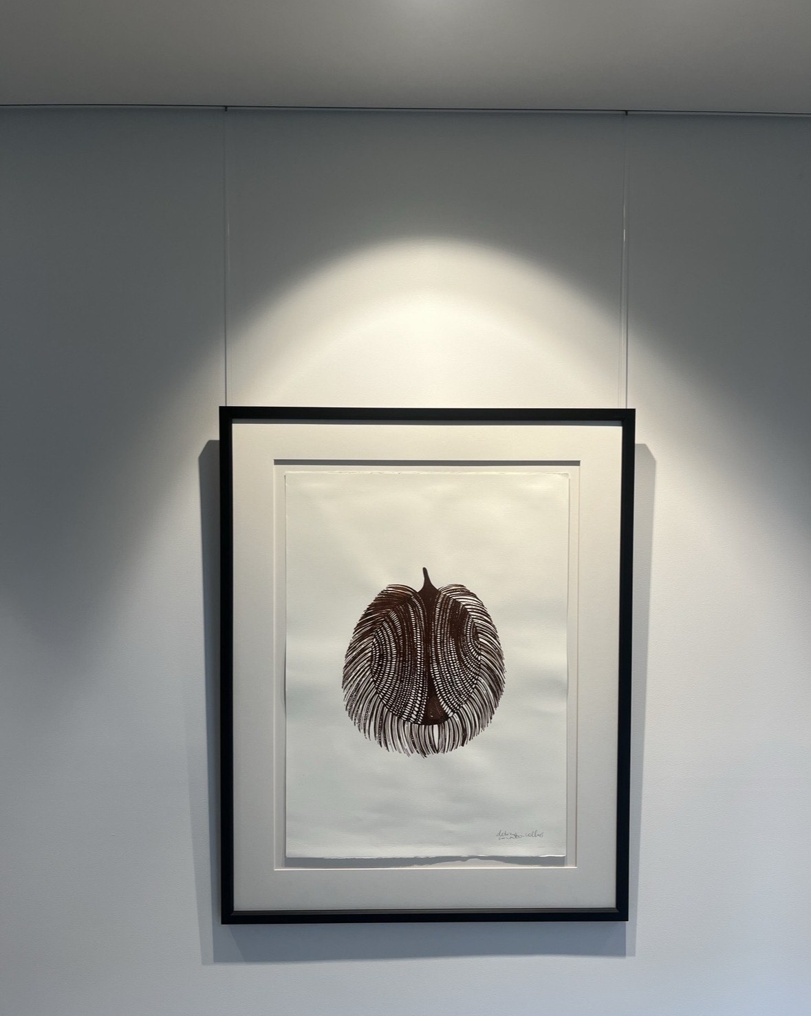 Framed indigenous print on ceiling-mounted rail